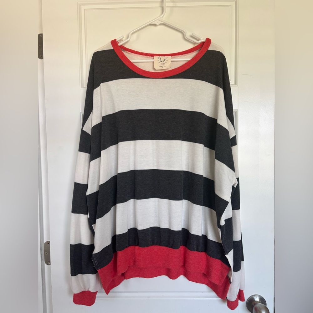 Fantastic Fawn Striped Black and White Sweater with Red Accents